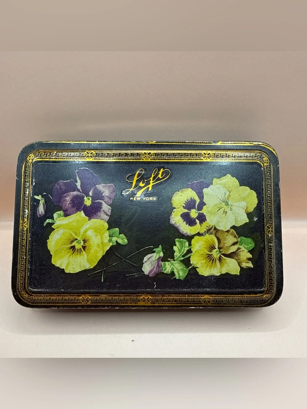 Antique Advertisement Tin Chocolate Candy Box Pansy Flowers LOFT NY Flip Top Lid